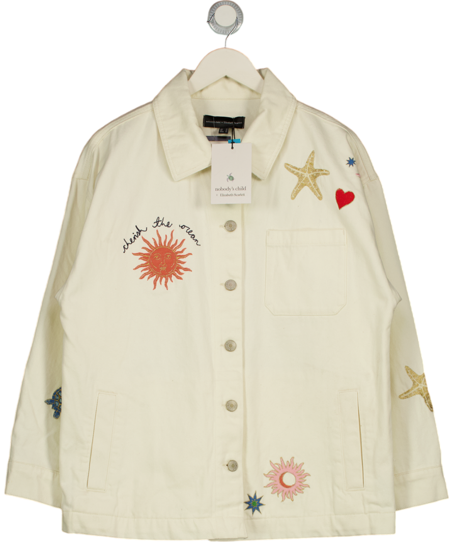 NOBODY'S CHILD White X Elizabeth Scarlett  Online Only Denim Embroidered Shacket UK M