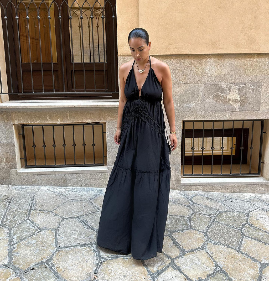 H&M Studio Collection Black Drawstring-detail Halterneck Dress UK M