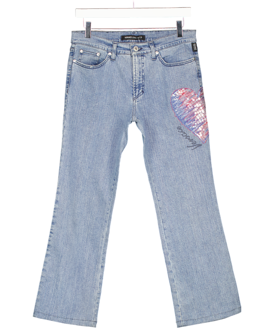 Versace Blue Mid-rise Heart Logo Embellished Jeans W30