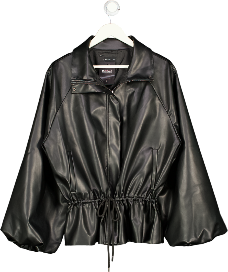 ASOS Design Gathered Waist Bubble Pu Jacket In Black UK M