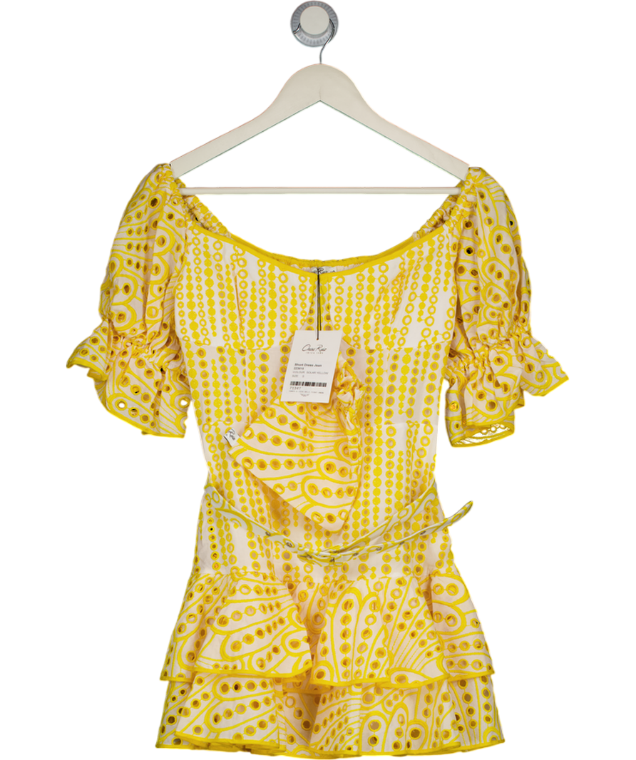 CHARO RUIZ IBIZA Yellow Jean Broderie Puff Sleeve Belted Mini Dress UK S