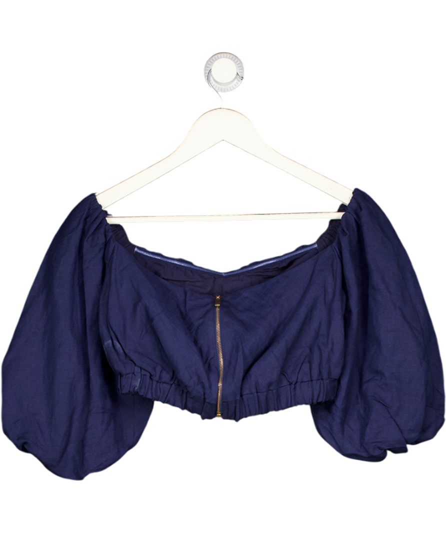 KAREN MILLEN Navy Blue Linen Blend Puff Sleeve Crop Top UK 8