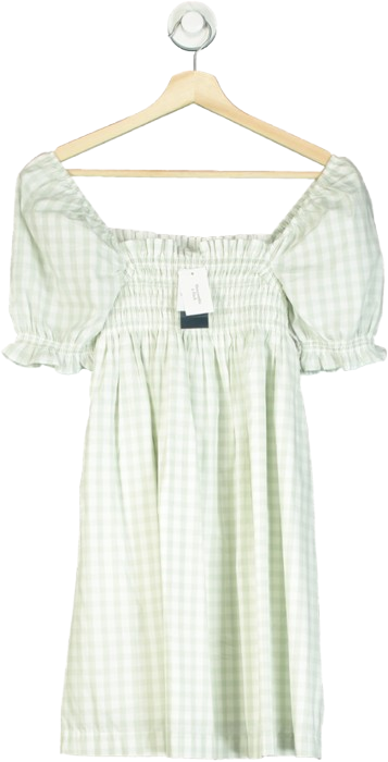 Abercrombie & Fitch Green Gingham Puff-sleeve Mini A-line Dress UK XXS