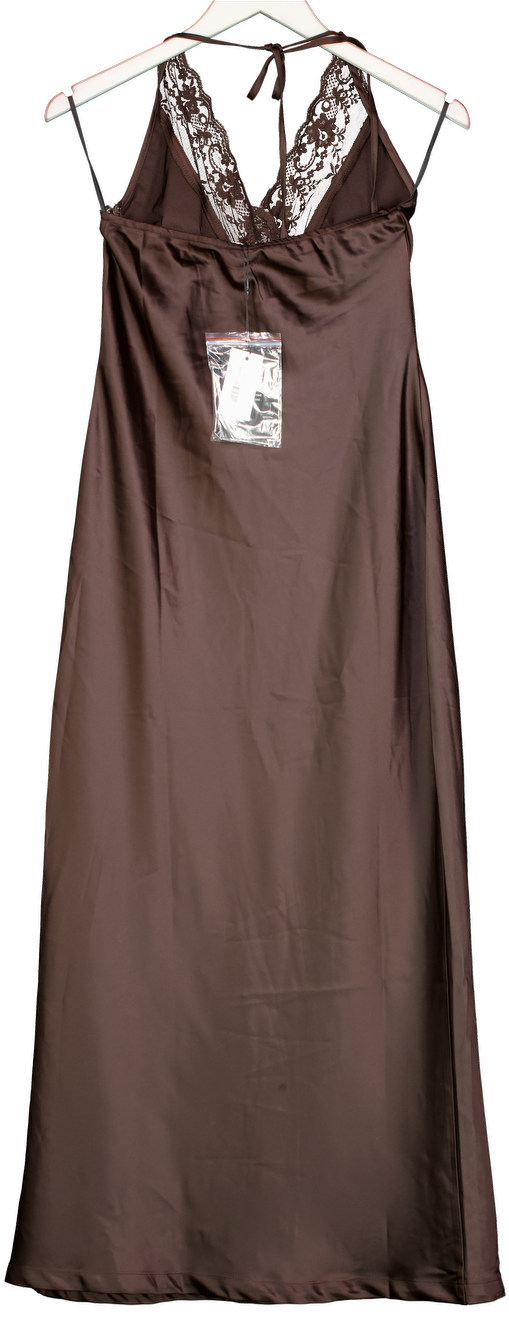 4th & Reckless Blair Chocolate Brown Lace Trim Halterneck Satin Maxi Dress UK 8