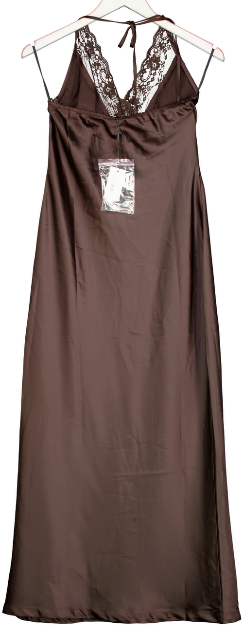 4th & Reckless Blair Chocolate Brown Lace Trim Halterneck Satin Maxi Dress UK 8