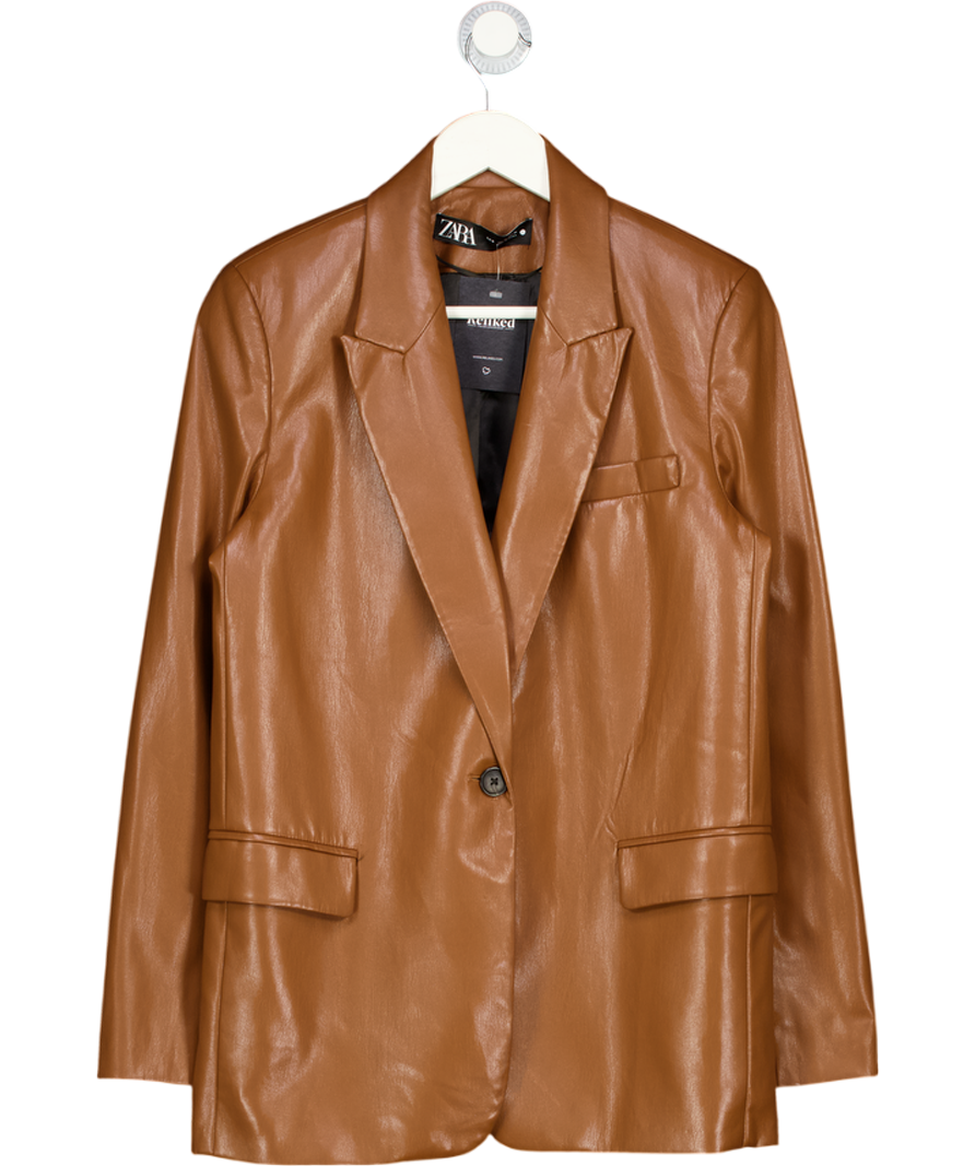 ZARA Brown Faux Leather Double-breasted Blazer UK S