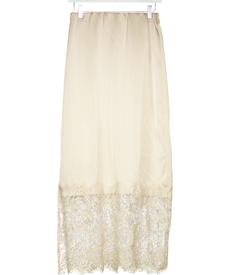 NEXT Champagne Beige Satin Midi Skirt With Lace Trim UK 8