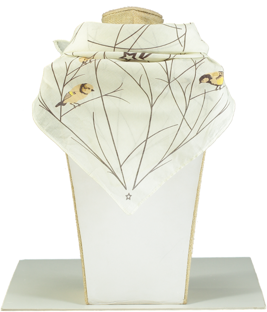 MEMO PARIS Luxury Cream Bird Print Silk Neck Scarf