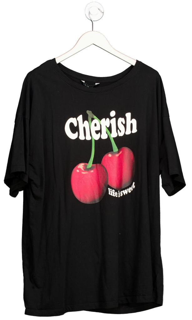 Yours Black Curve 'cherish' Cherry Slogan T-shirt UK 22