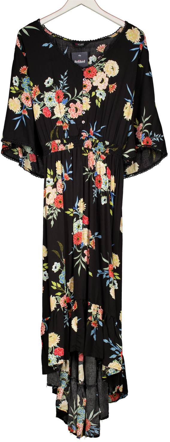 Yours Floral Dress Black Frill Hem UK 26/28