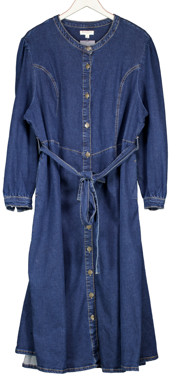 Monsoon Tamsin Button Denim Midi Dress Blue UK 24