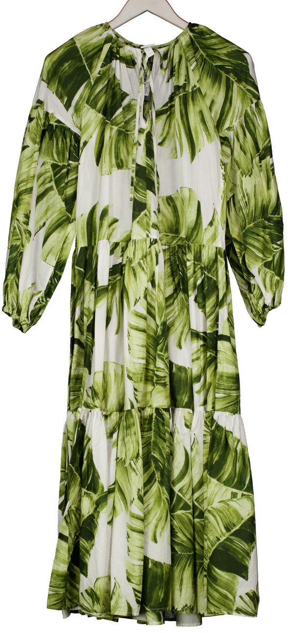 H&M Green Palm Print Long Sleeved Maxi Dress UK XS