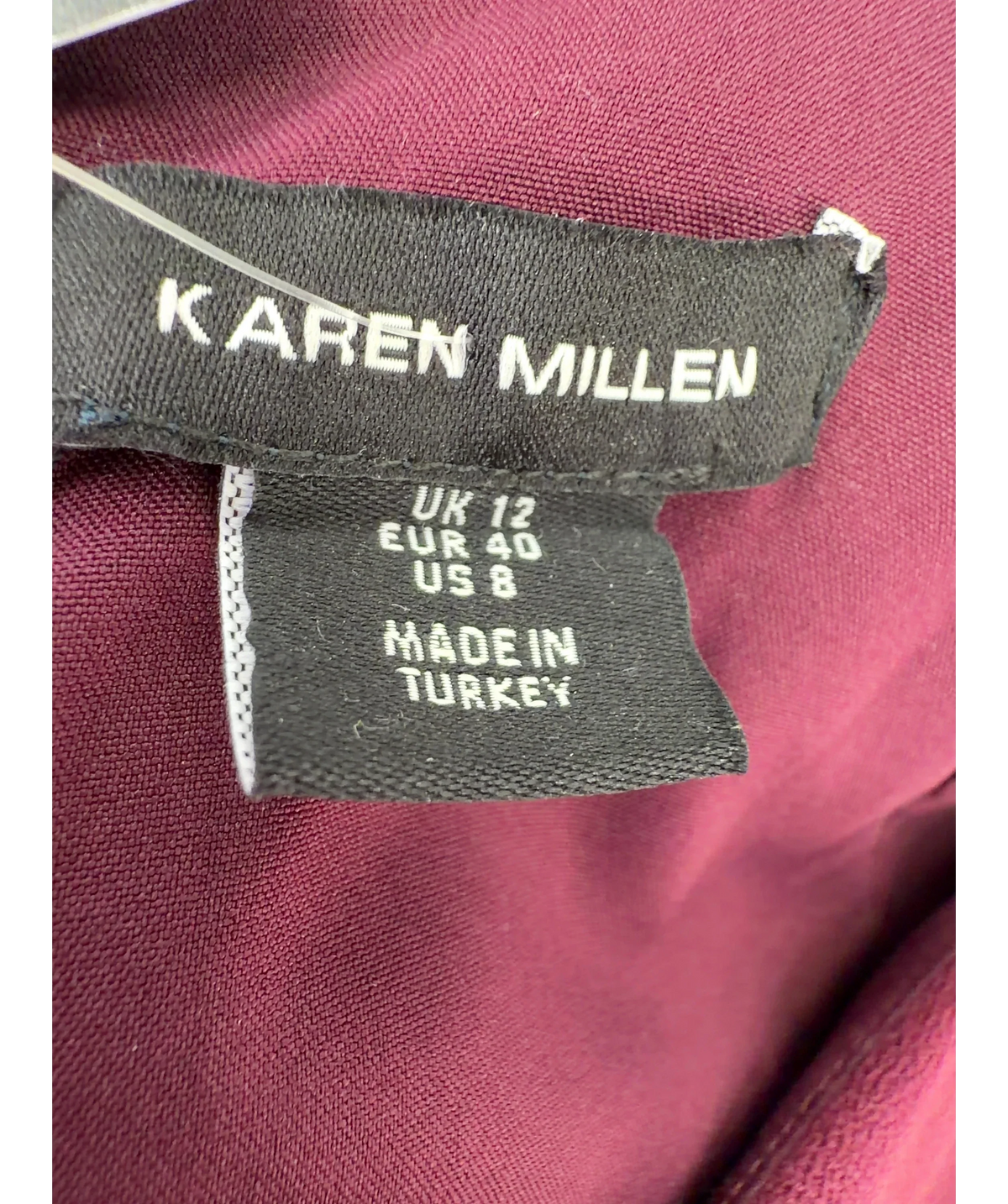 KAREN MILLEN burgundy structured knee-length sheath dress, size UK 12 — detail