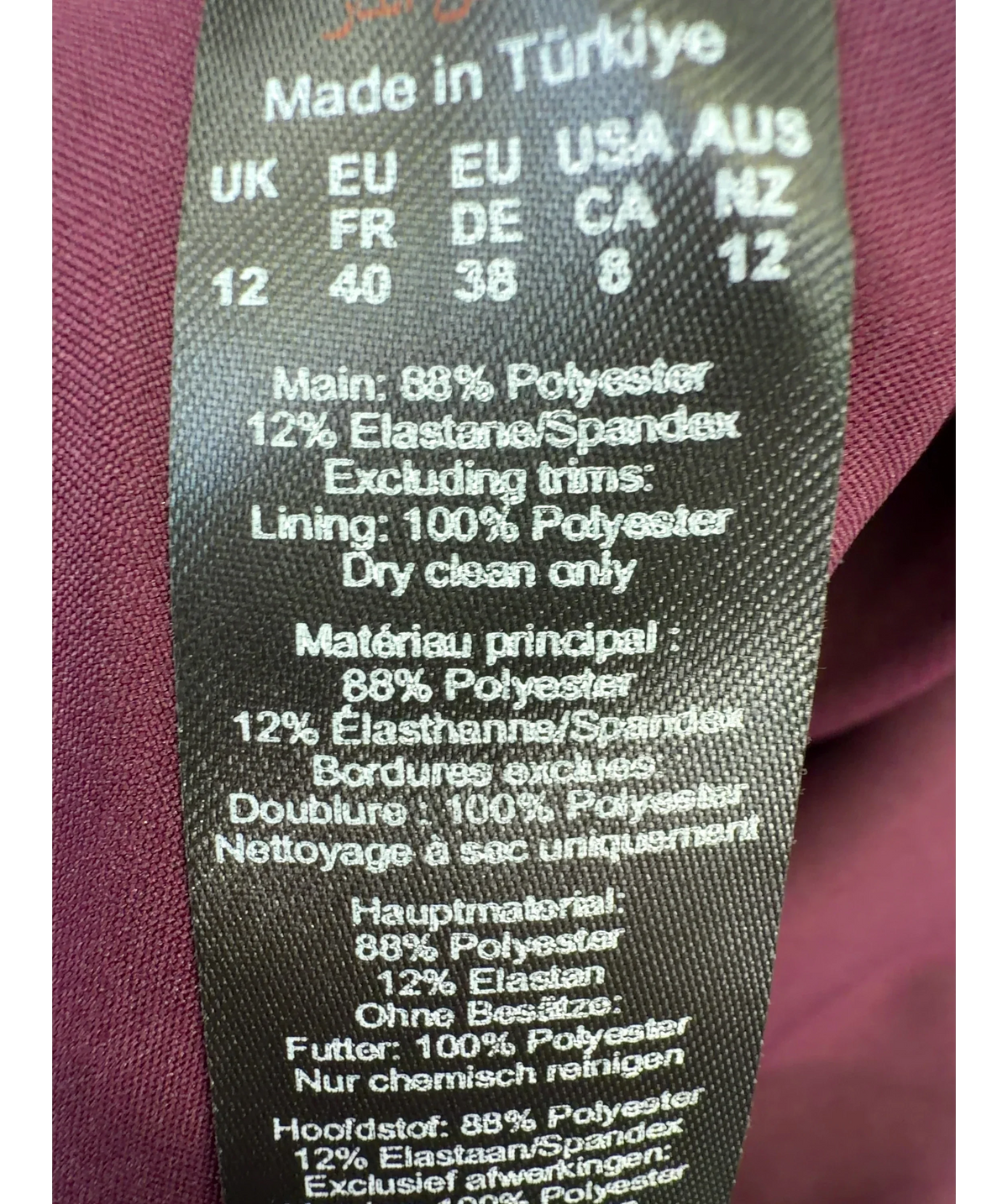 KAREN MILLEN burgundy structured knee-length sheath dress, size UK 12 — label