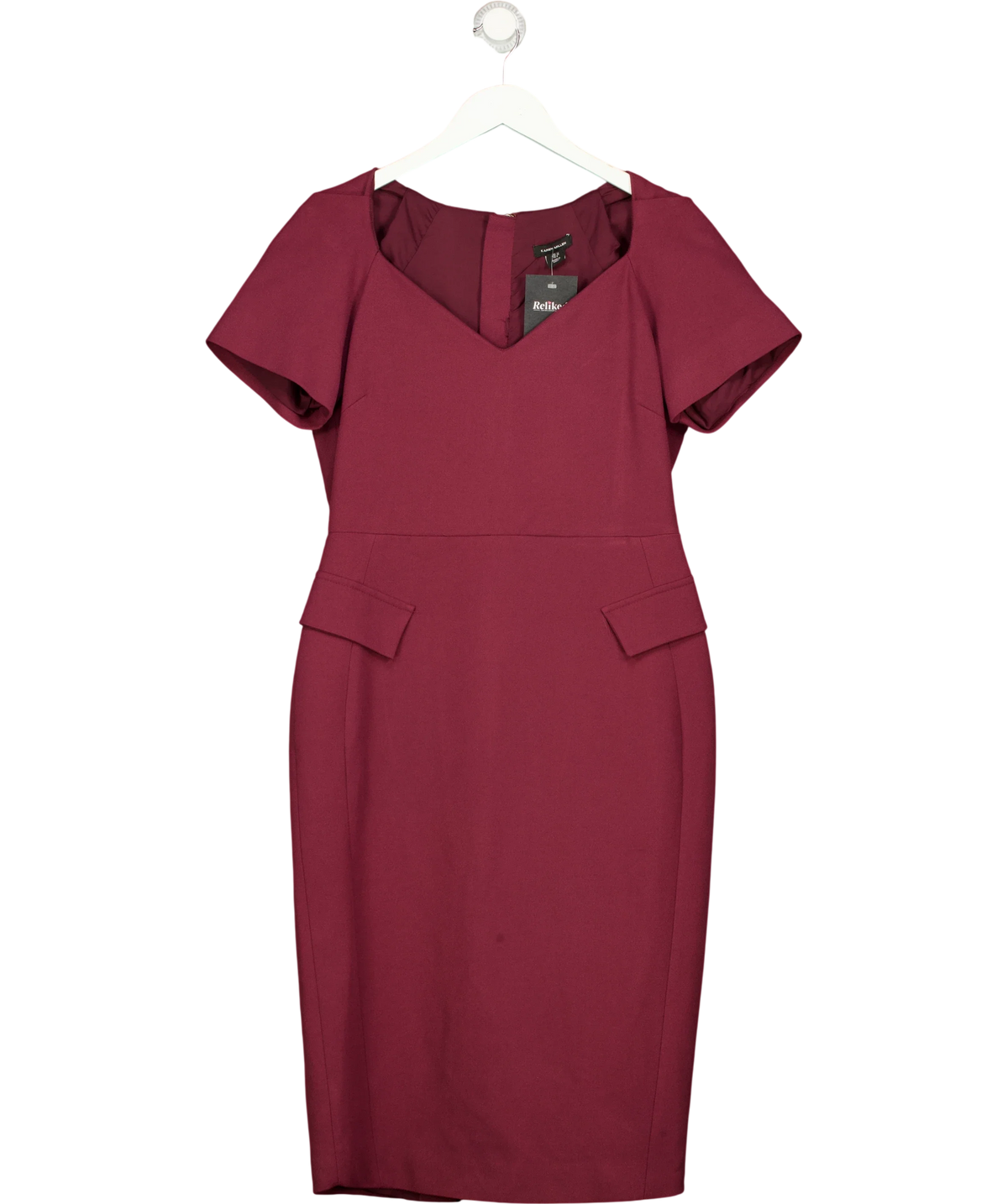 KAREN MILLEN burgundy structured knee-length sheath dress, size UK 12 — front