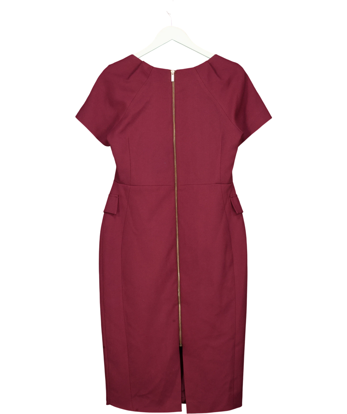 KAREN MILLEN burgundy structured knee-length sheath dress, size UK 12 — back