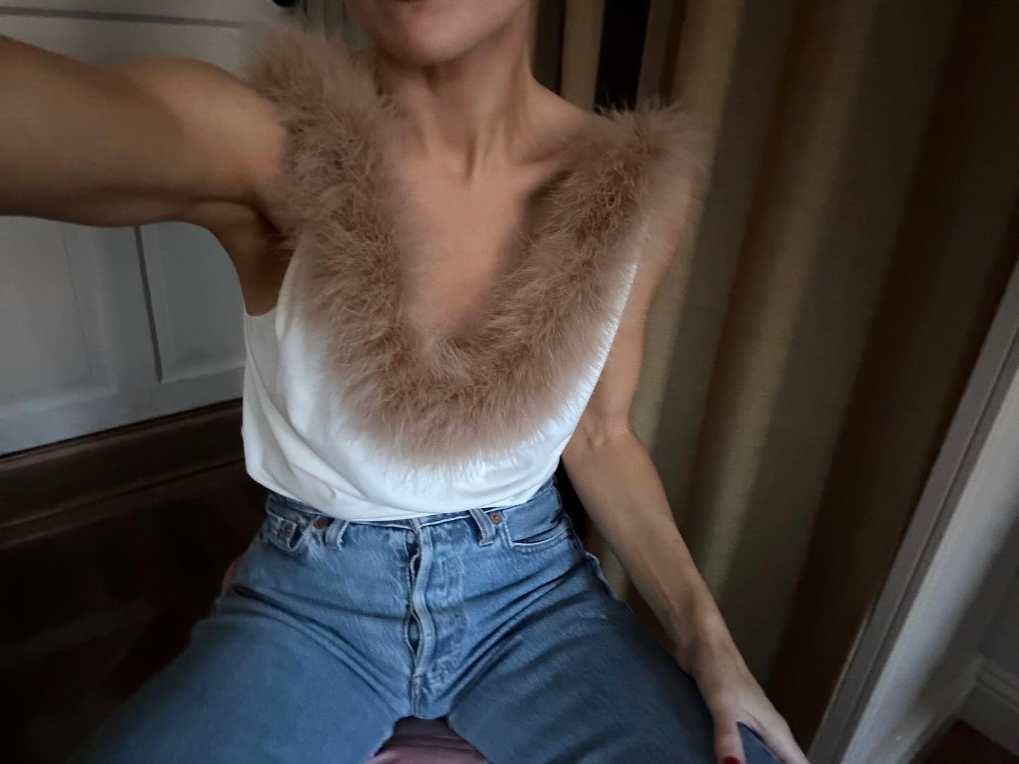 Coperni Cream Boa Feather Trimmed Jersey Top UK 10