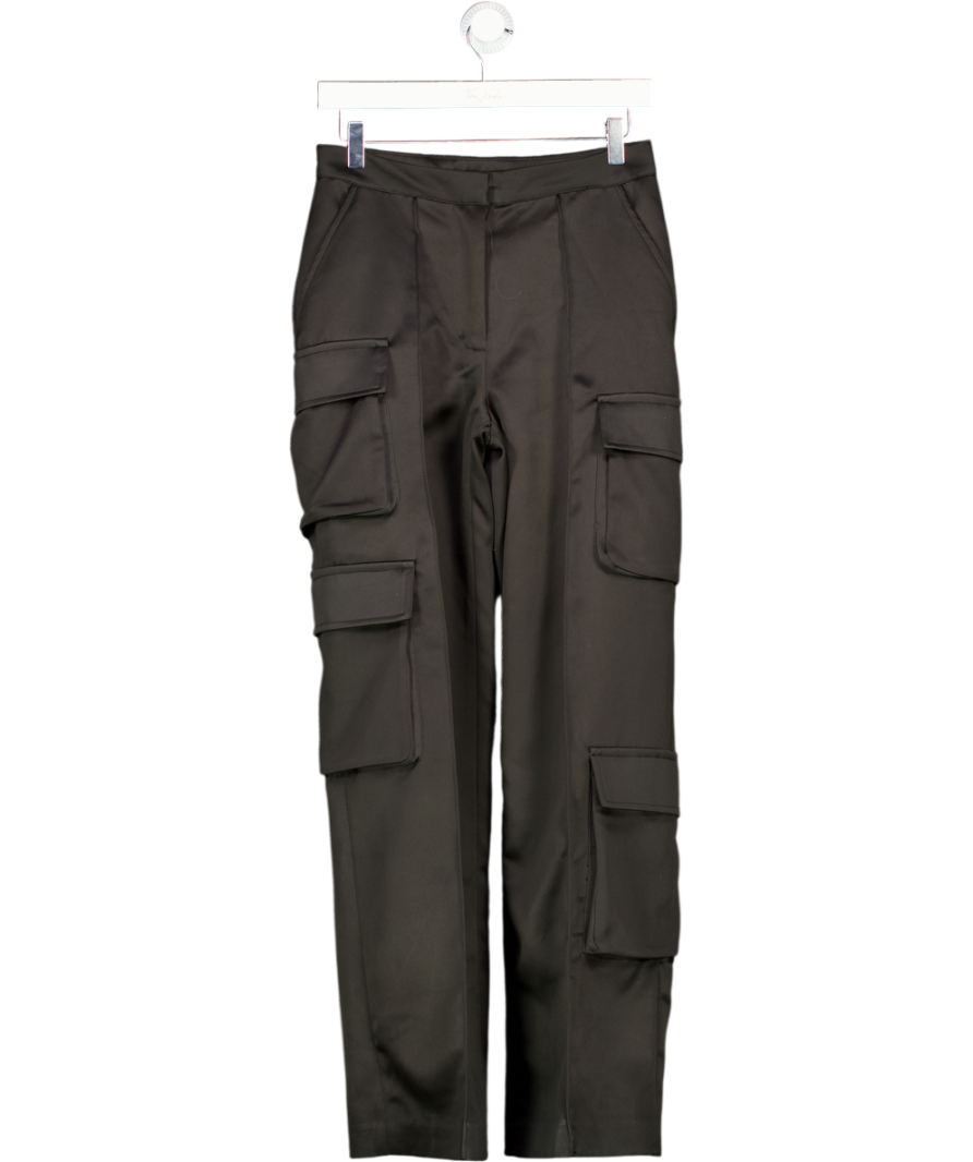 HOUSE OF CB Daria Black Satin Straight Leg Cargo Trousers UK S