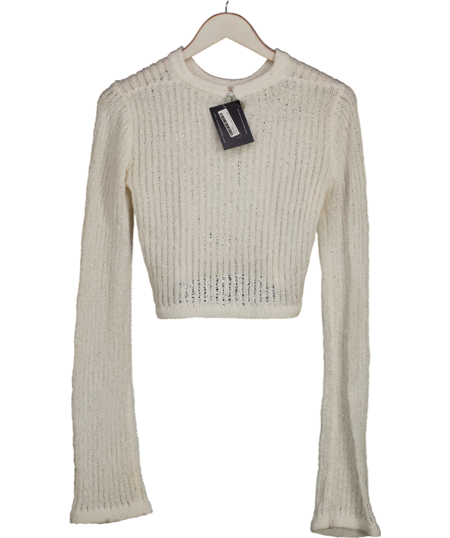 The Couture Club Cropped Ladder Knit Long Sleeve Top Cream UK M