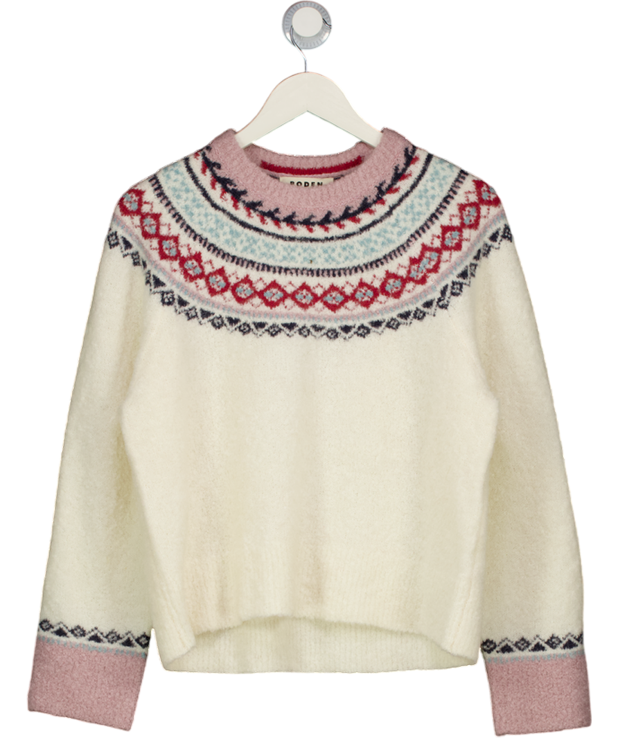BODEN Cream Bouclé Raglan Jumper Warm Ivory Fair Isle UK S