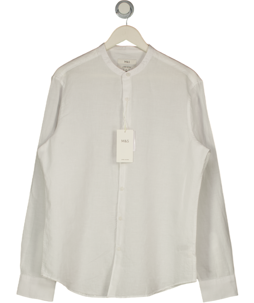 M&S White Cotton Linen Blend Grandad Collar Shirt UK M