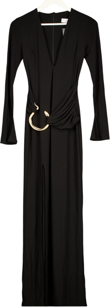 Club L Black Plunge Maxi Dress With Gold Belted Detail UK 8