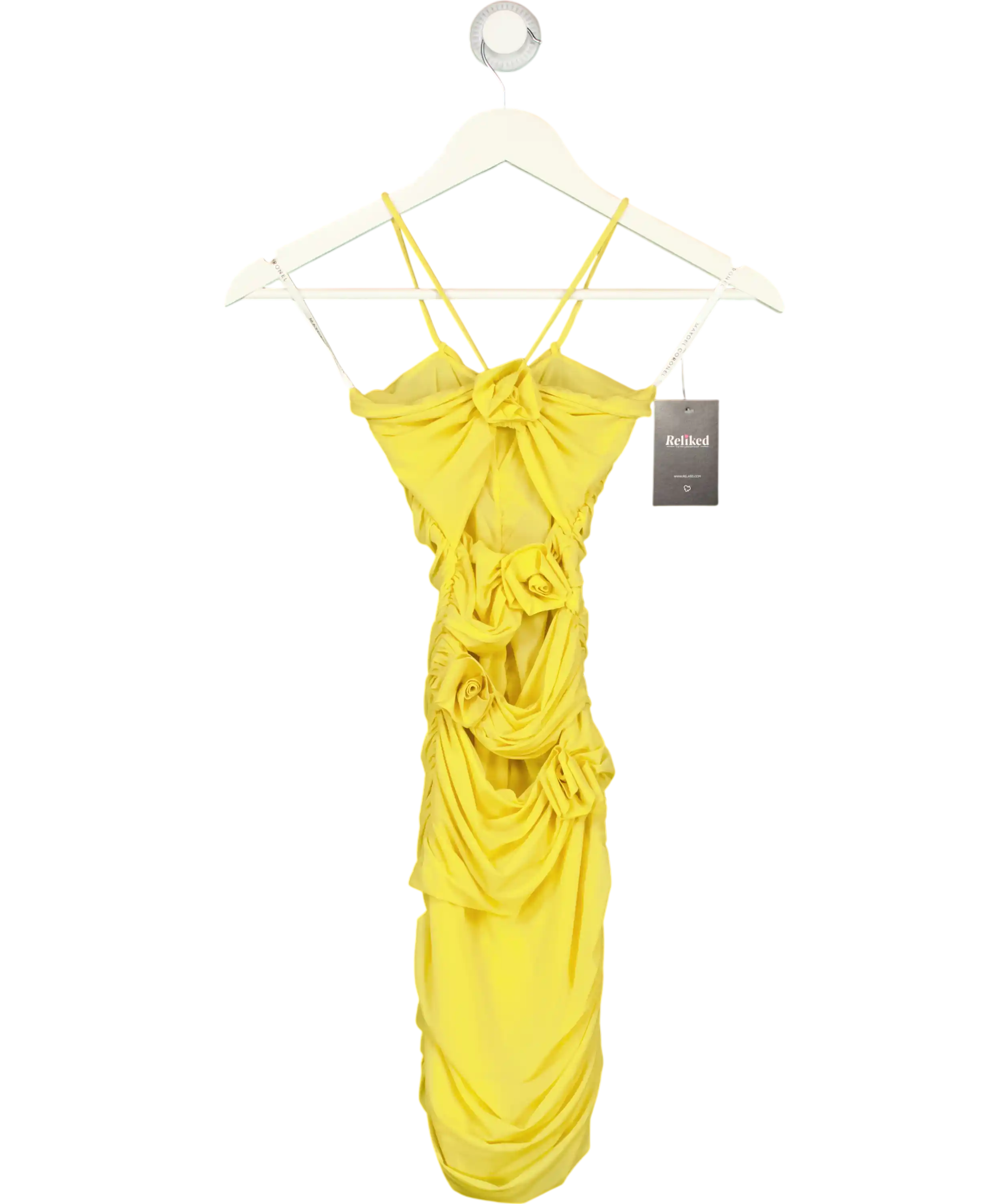 MAYGEL CORONEL PETITE Yellow Coari Appliquéd Ruched Cutout Halterneck Mini Dress UK XXS