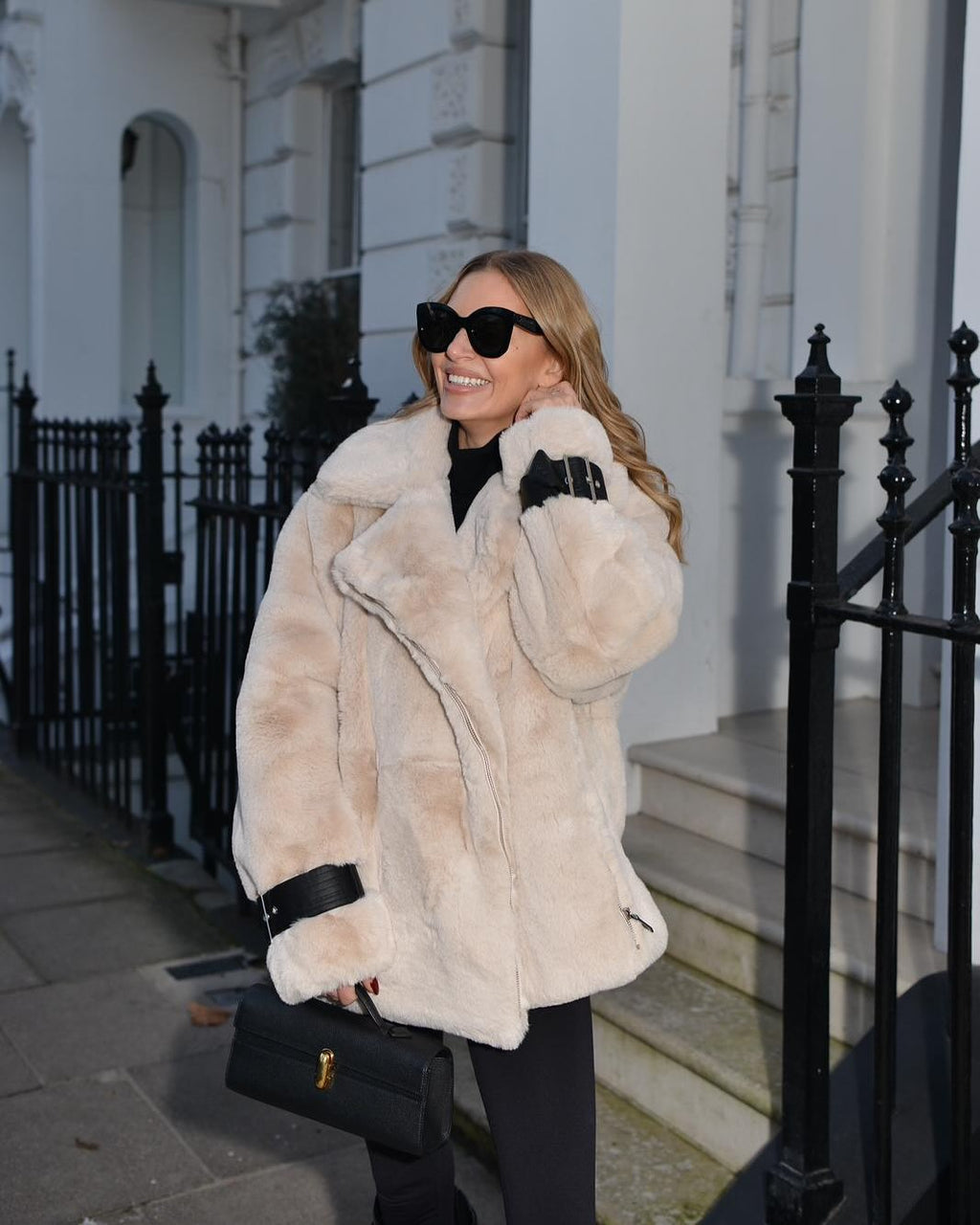 Karen Millen Cream Faux Fur Biker Coat UK 8