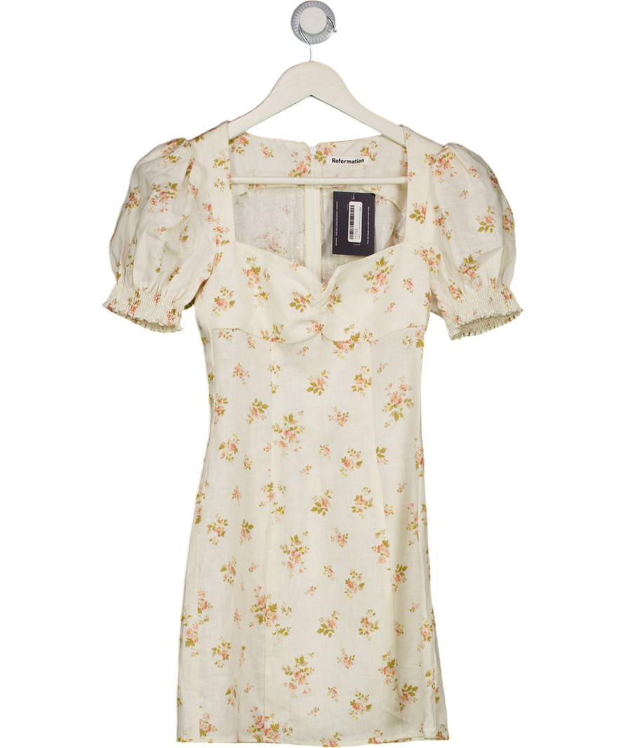 REFORMATION Cream Ditsy Floral Linen Mini Dress Sz0 UK 4