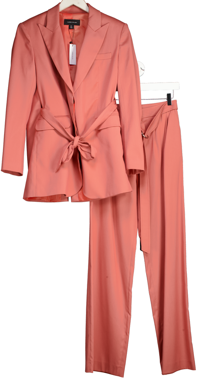 Karen Millen Dusty Pink Soft Tie Detail Tailored Blazer And Wide Leg Trousers UK 6