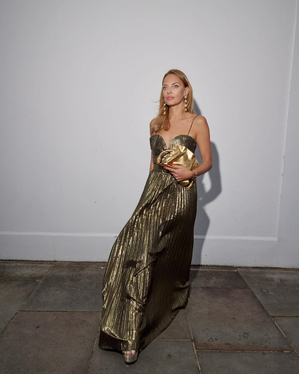 Rebecca Vallance Metallic Josie Gold Pleated Gown Maxi Dress UK 8