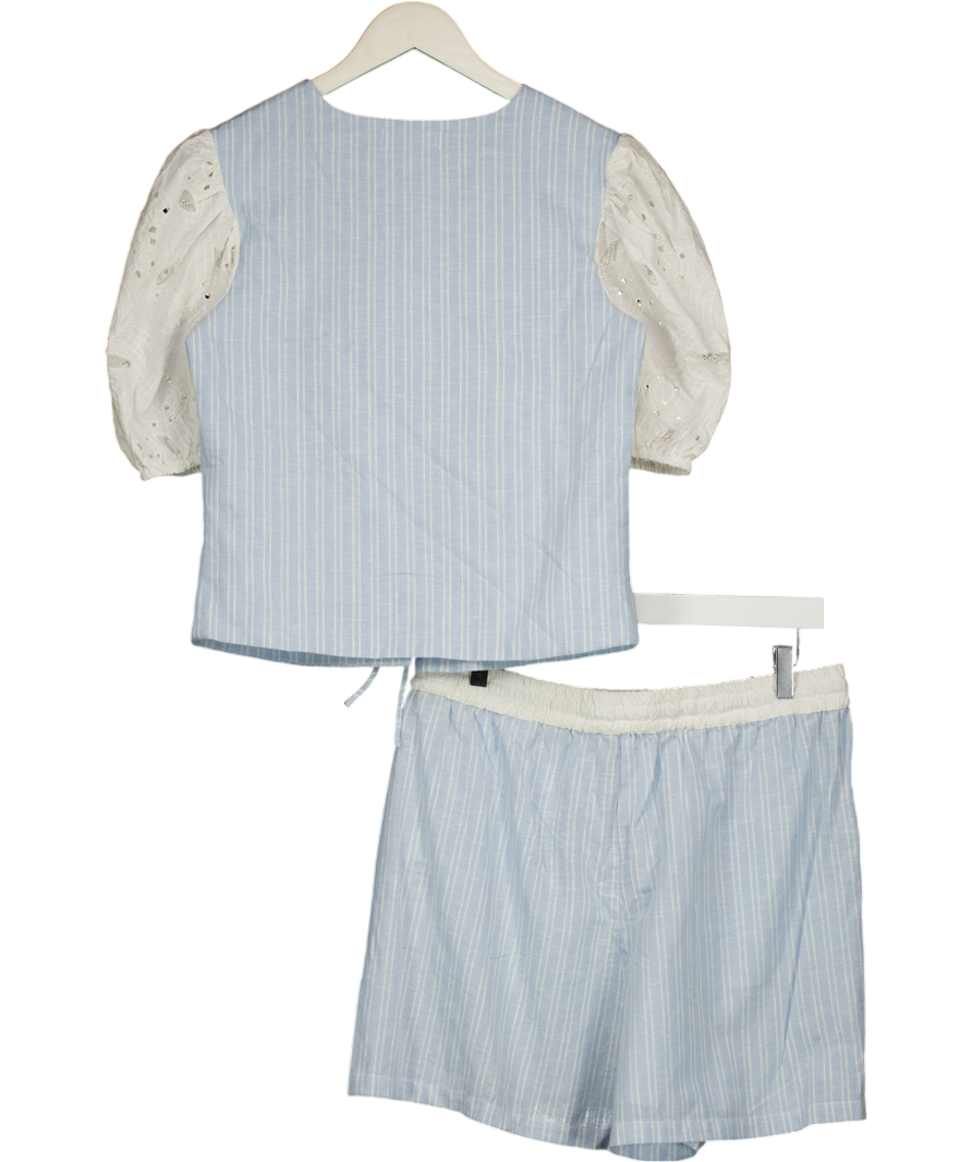 NA-KD Blue Stripe Anglaise Tie Detail Top And Shorts Set UK 10