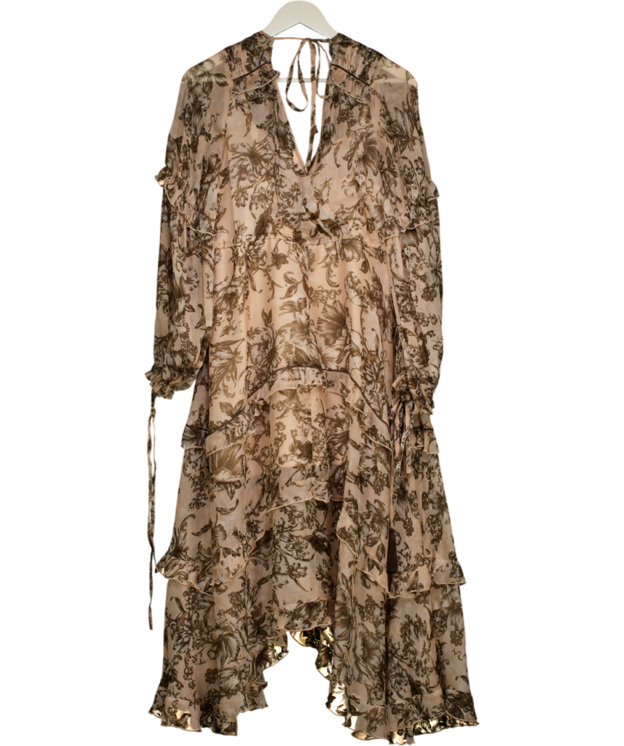 ASOS Beige Ruched Midi Dress In Floral Print With Lace Trim UK 10