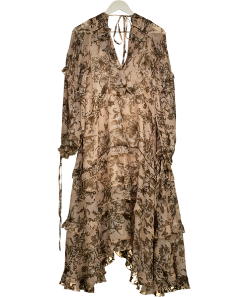 ASOS Beige Ruched Midi Dress In Floral Print With Lace Trim UK 10