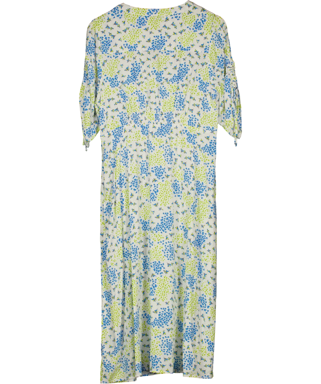 M&S Collection White / Blue Floral Smocked Waist Midi Dress UK 16