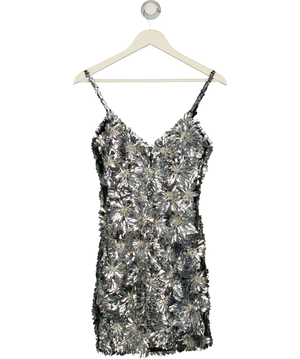 NADINE MERABI Metallic 3d Flower Brittany Silver Mini Dress UK 8