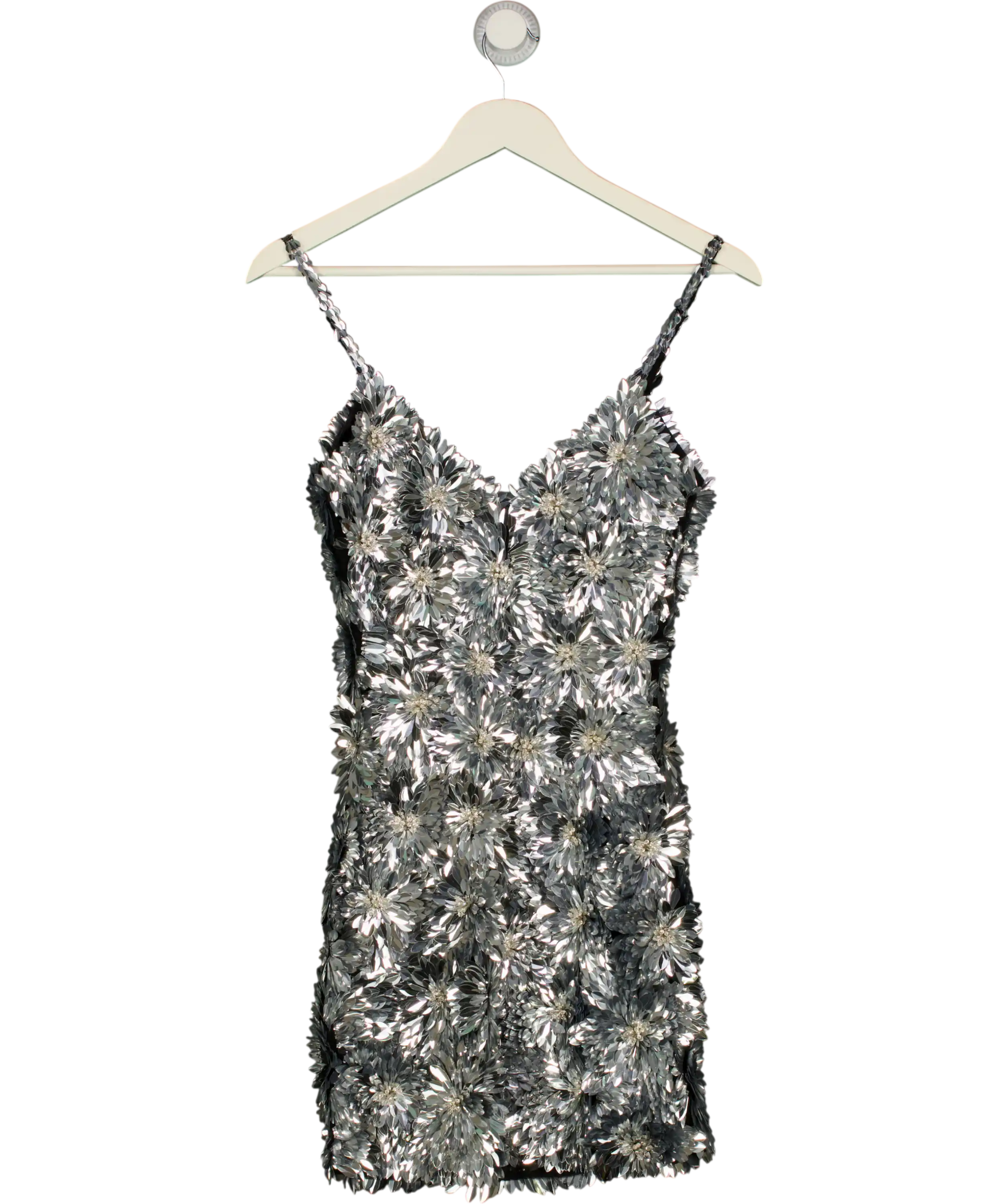 NADINE MERABI Metallic 3d Flower Brittany Silver Mini Dress UK 8