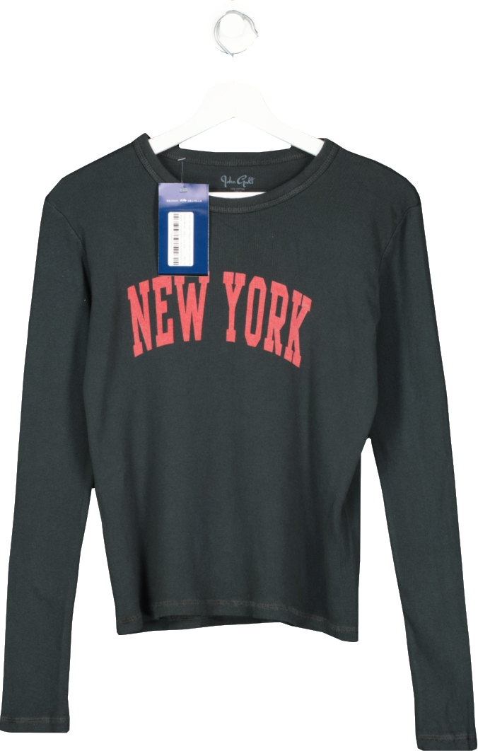 Brandy Melville Black New York Slogan Ribbed Long Sleeve T Shirt  UK 8-10 One Size