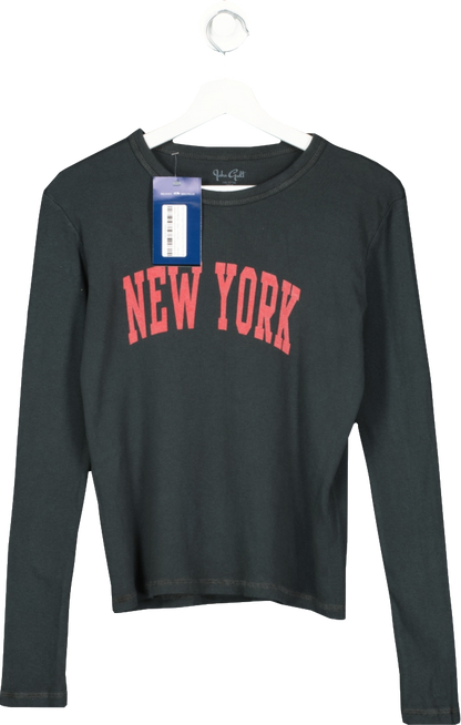 Brandy Melville Black New York Slogan Ribbed Long Sleeve T Shirt  UK 8-10 One Size