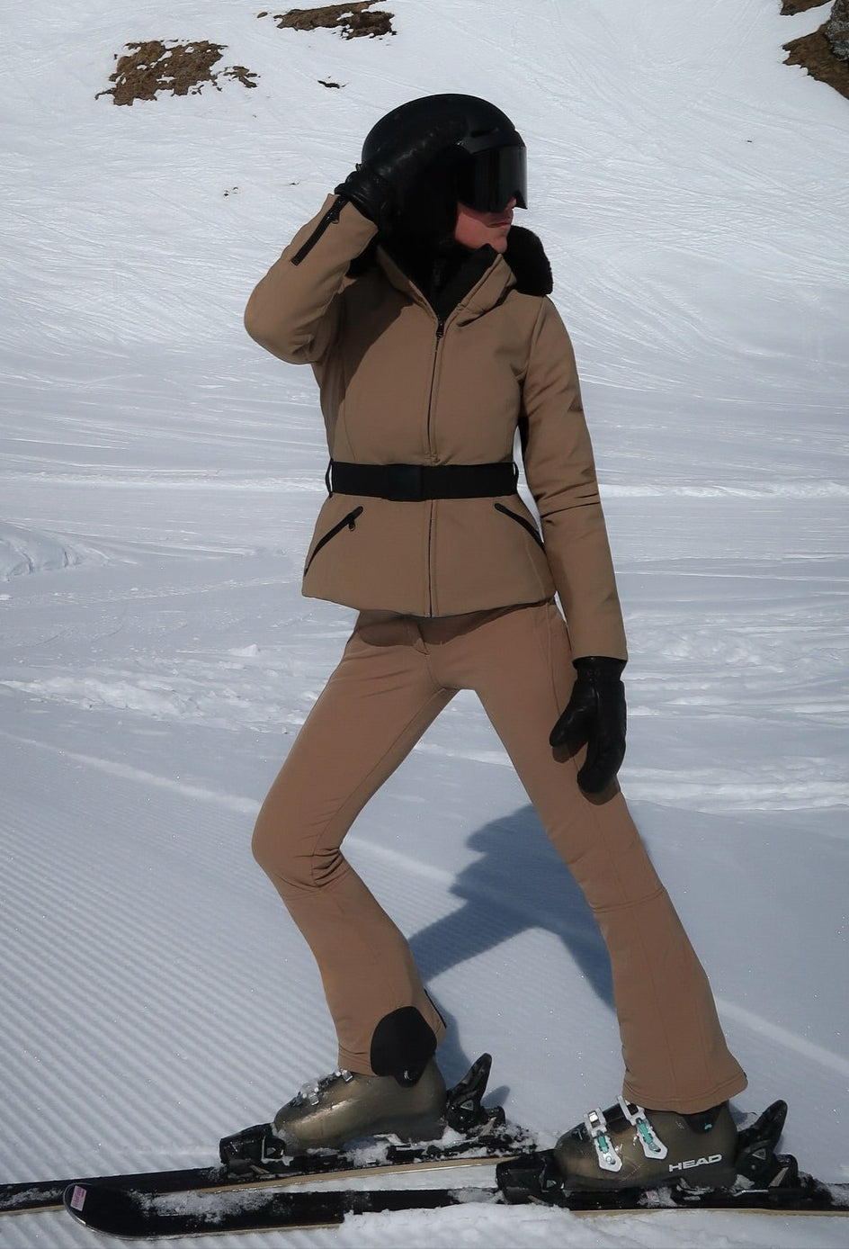 Goldbergh Beige Hida Hooded Belted Faux Fur-trimmed Down Ski Jacket UK 10