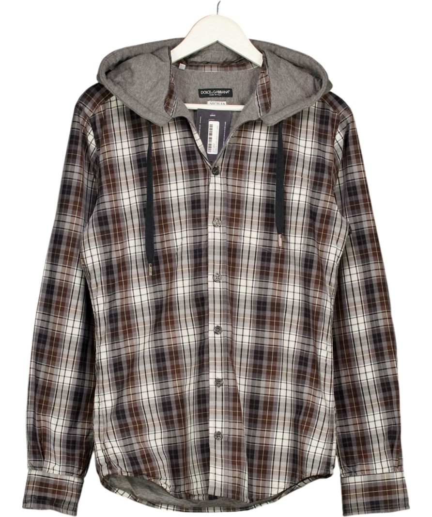 Dolce & Gabbana Grey / Brown Checked Hooded Shirt Top Neck 15.5" UK M
