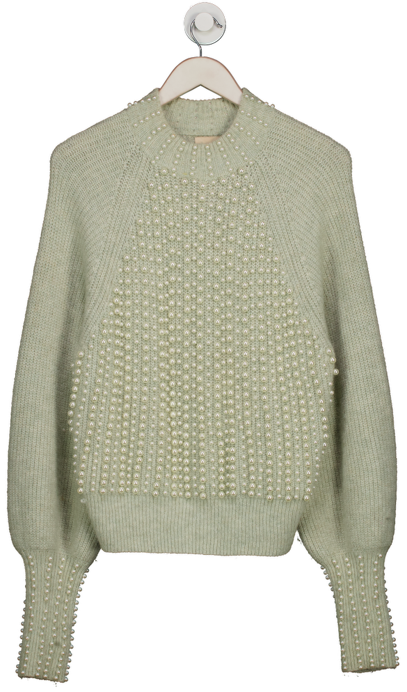 H&M Premium Mint Green Pearl Beaded Balloon Sleeve Jumper UK S