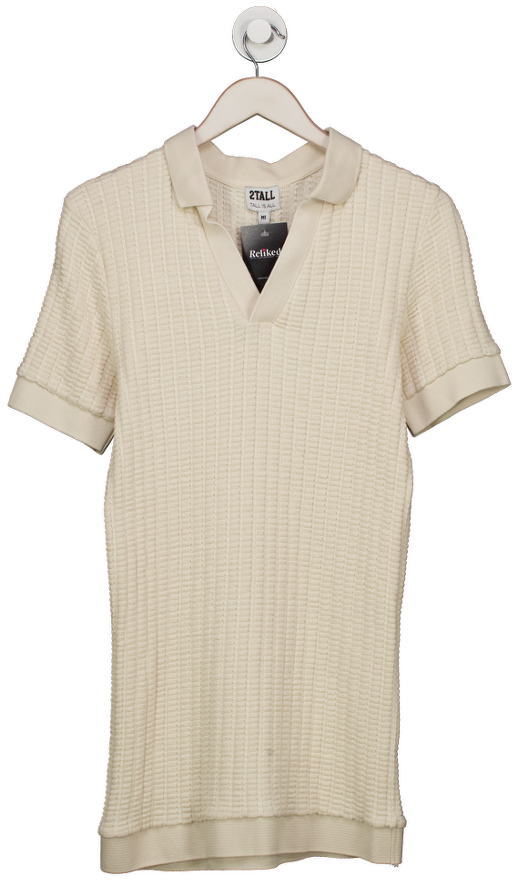 2Tall Cream Vincent Tall Jacquard Open Collar Polo Shirt UK M