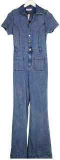 SHOWPO Blue Silvena Jumpsuit - Short Sleeve Flared Denim Jumpsuit UK 8