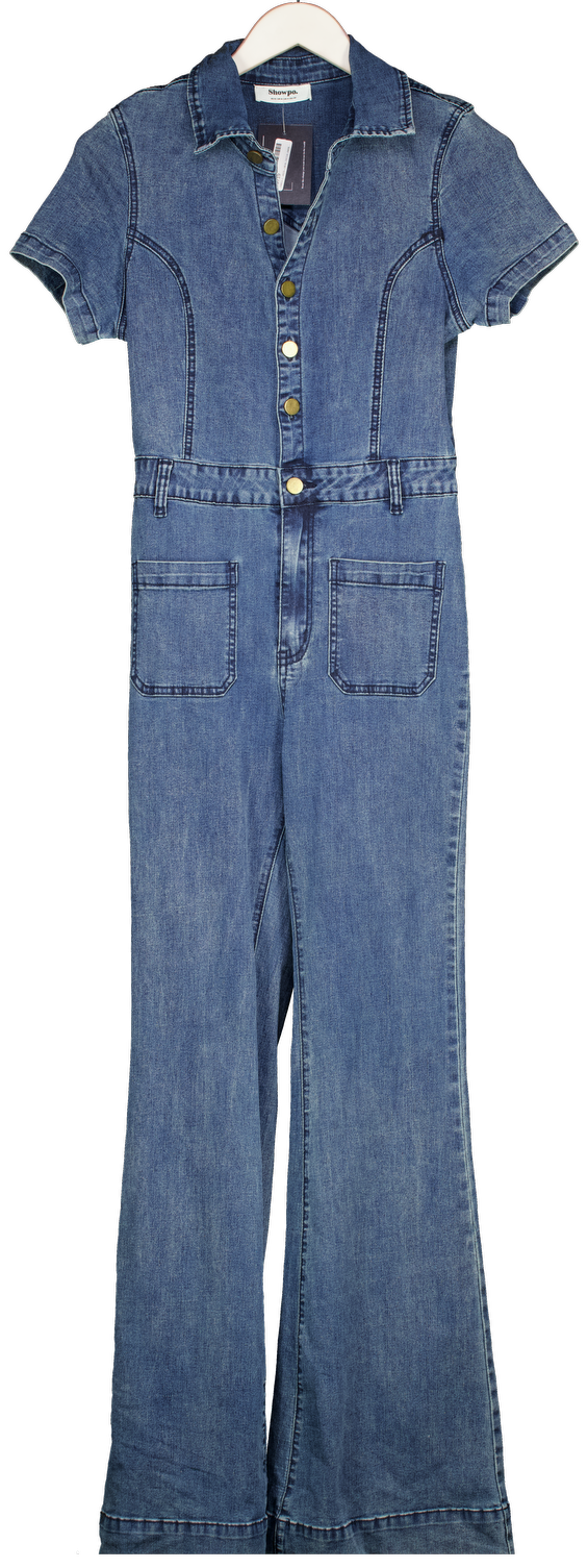 SHOWPO Blue Silvena Jumpsuit - Short Sleeve Flared Denim Jumpsuit UK 8