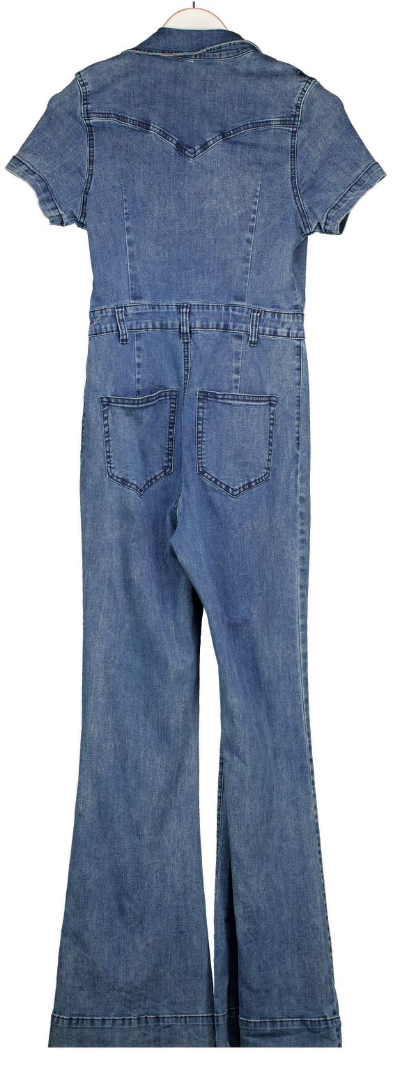 SHOWPO Blue Silvena Jumpsuit - Short Sleeve Flared Denim Jumpsuit UK 8