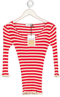 Please Red Striped V-neck Crochet Knit Top UK S/M