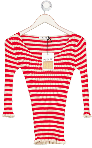 Please Red Striped V-neck Crochet Knit Top UK S/M