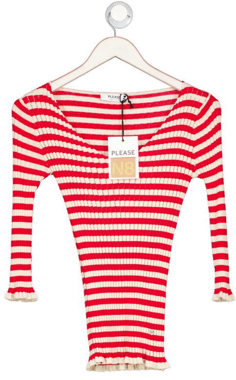 Please Red Striped V-neck Crochet Knit Top UK S/M