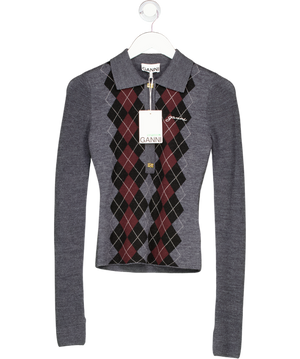 Ganni Grey Knitted Polo Shirt UK XS